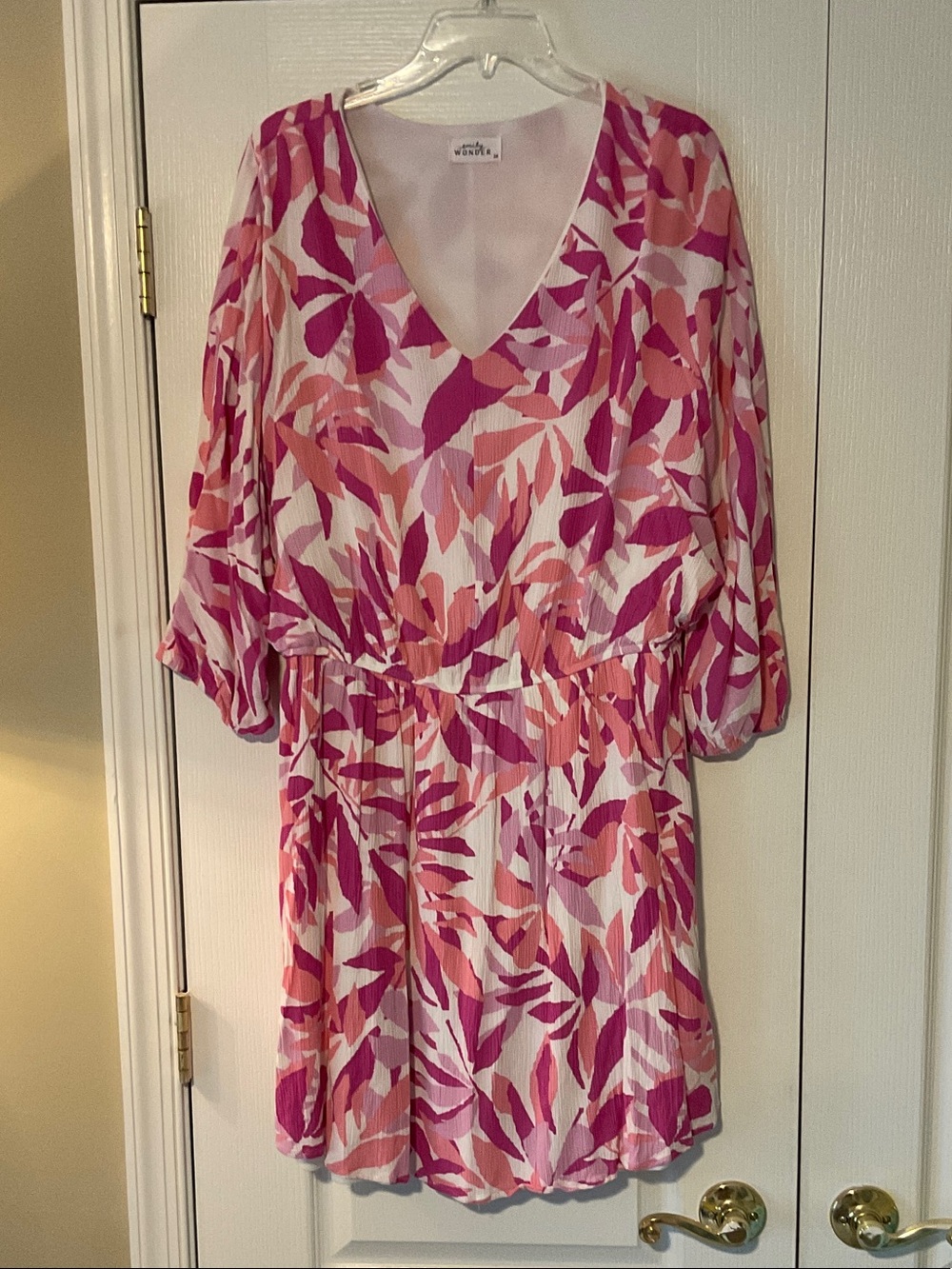 V-Neck Pink Leaf-Print Mini Dress by Emily Wonder